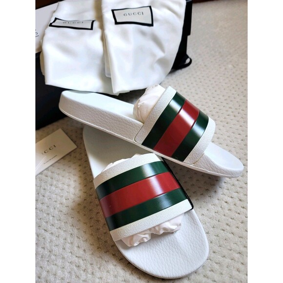NIB GUCCI Pursuit Stripes White Pool Slides Mens - White Gucci Web, Size US 8 - Picture 1 of 9